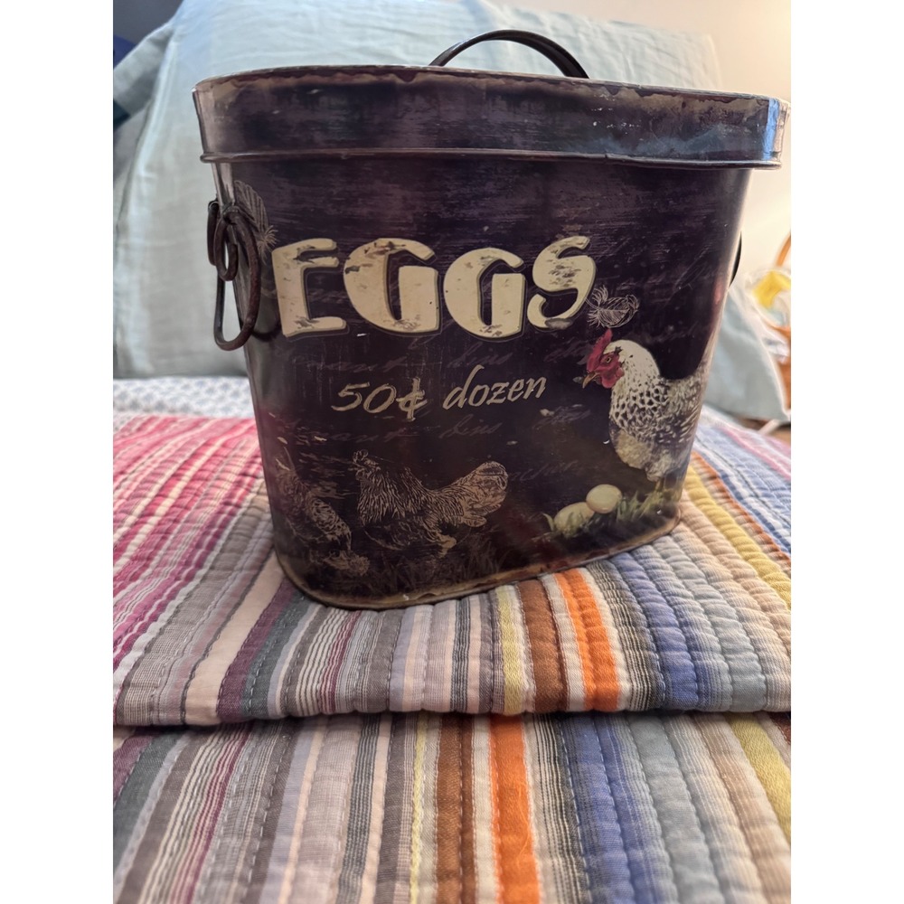 Farmhouse Metal Egg Bucket Rustic Farm Fresh Chicken Tin with Lid Creative Co op